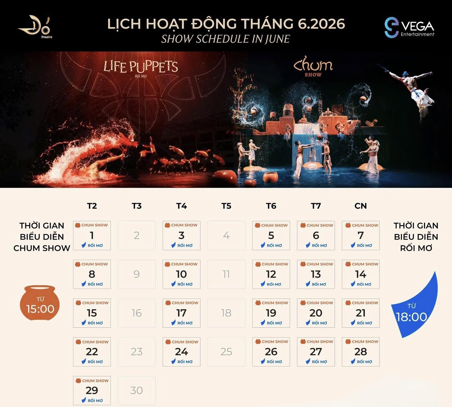 Lịch biểu diễn show Rối Mơ và Chum Show tại Nhà hát Đó Nha Trang tháng 6 năm 2026