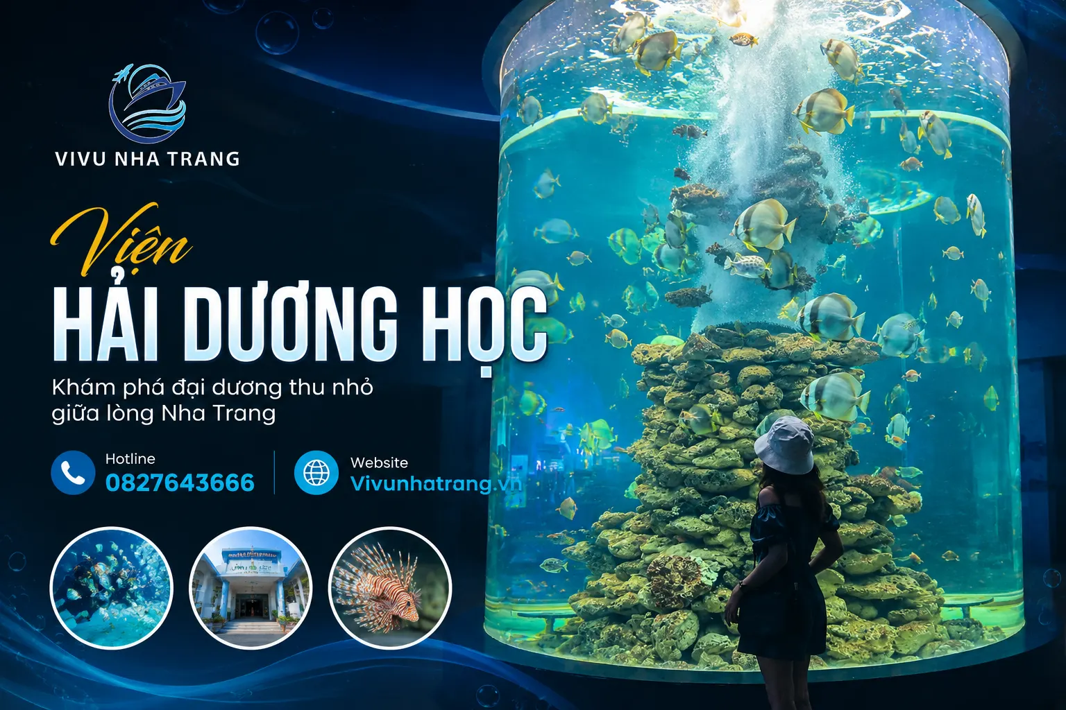 Viện Hải dương học Nha Trang, bể cá hình trụ lớn, ảnh giới thiệu của Vivu Nha Trang