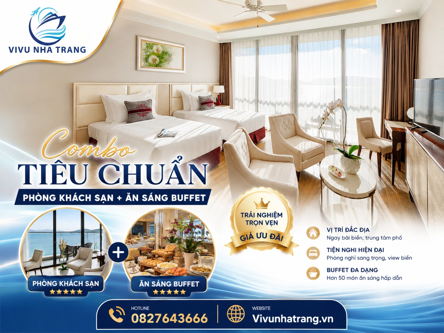Combo Vinpearl Beachfront Nha Trang gói tiêu chuẩn, khách sạn gần biển trung tâm Nha Trang, đặt giá ưu đãi tại Vivu Nha Trang