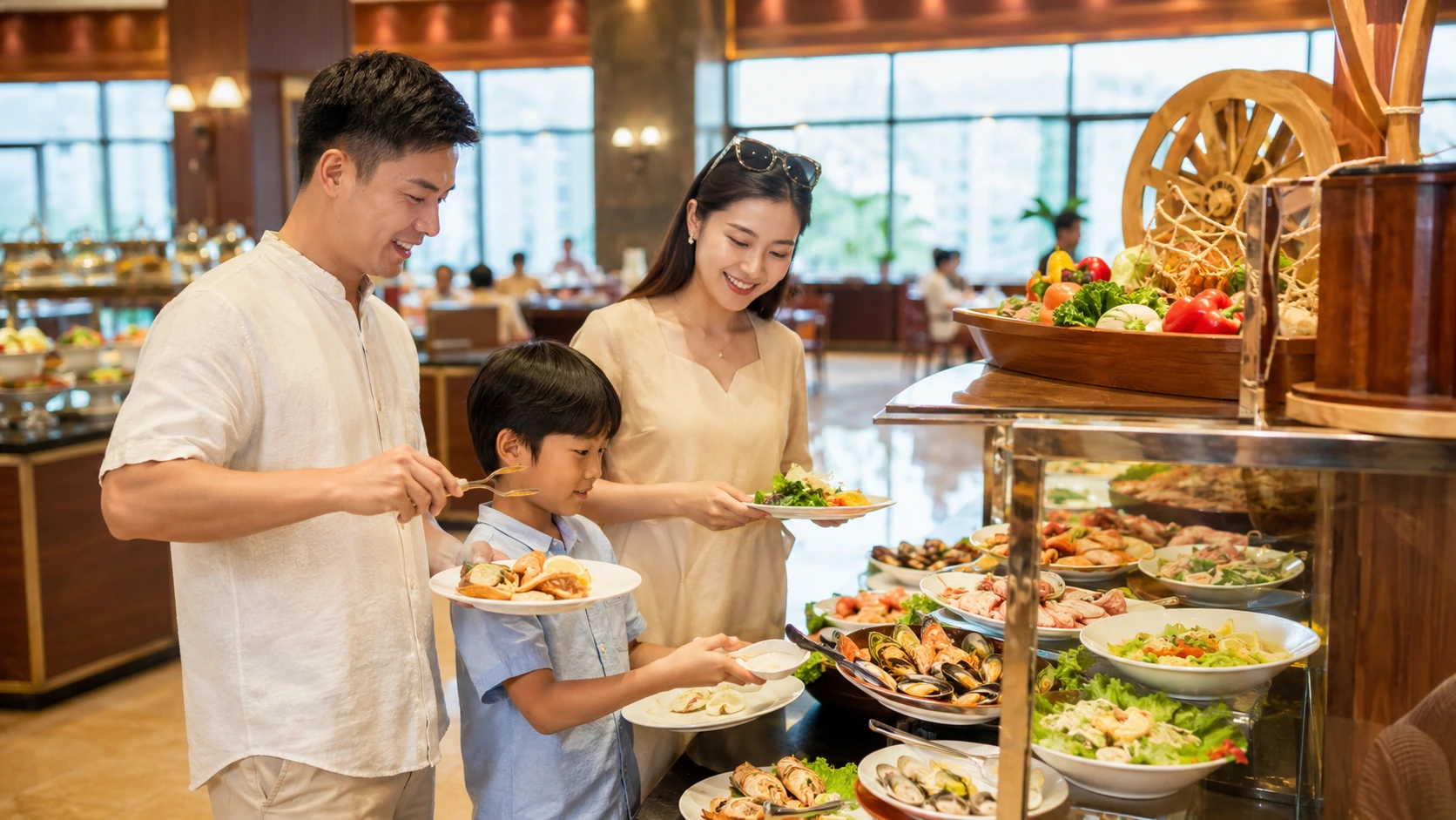 Du khách trải nghiệm quầy buffet hải sản cao cấp khi đặt gói vé VinWonders Nha Trang kèm buffet trưa tại nhà hàng.