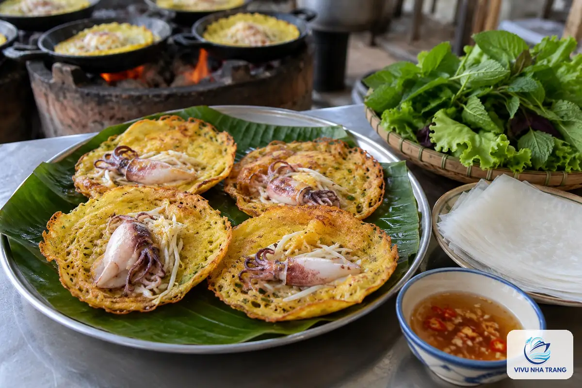 Những chiếc bánh xèo nhỏ vỏ giòn có mực sữa nguyên con, kèm rau sống và nước mắm pha, ảnh minh hoạ