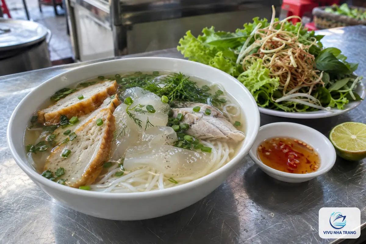 Tô bún cá sứa với chả cá, sứa và rau sống trên bàn inox ở sạp ăn sáng trong chợ, ảnh minh hoạ