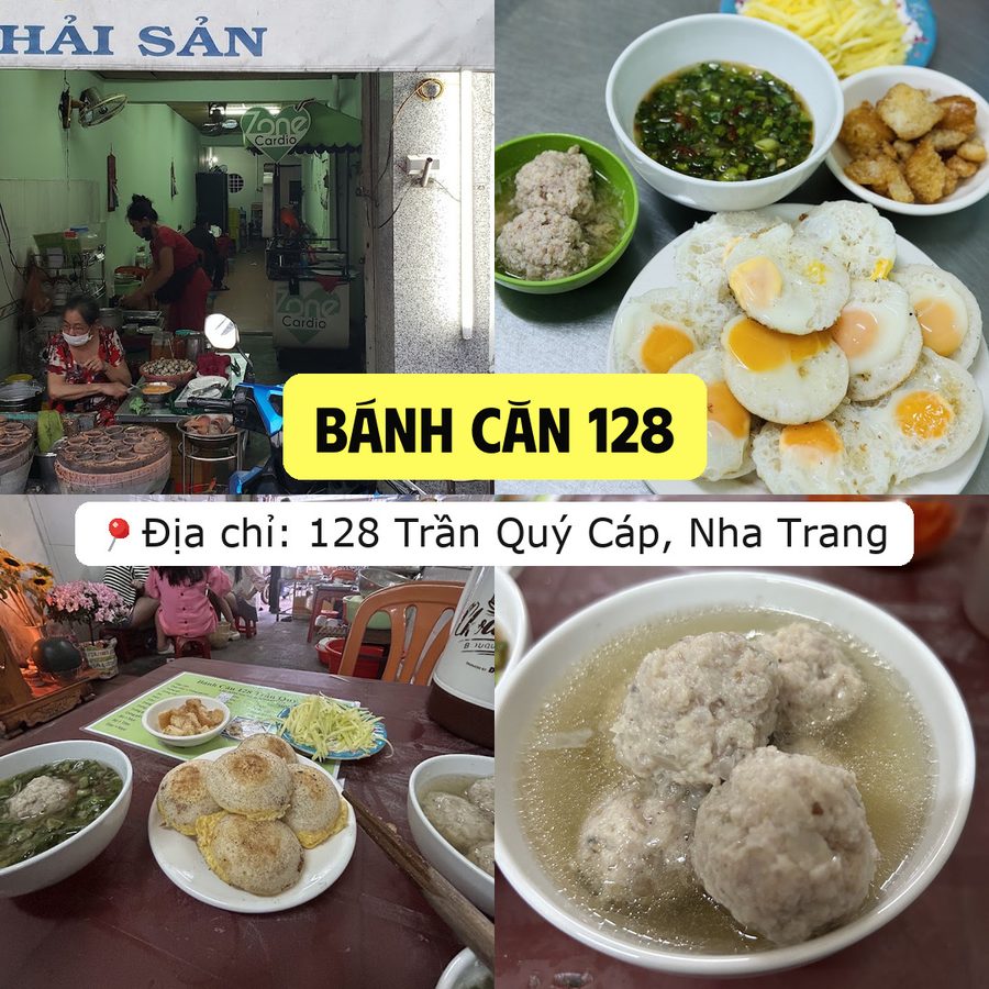 Ảnh ghép quán Bánh căn 128 ở 128 Trần Quý Cáp, Nha Trang: quầy quán, đĩa bánh căn trứng và chén xíu mại