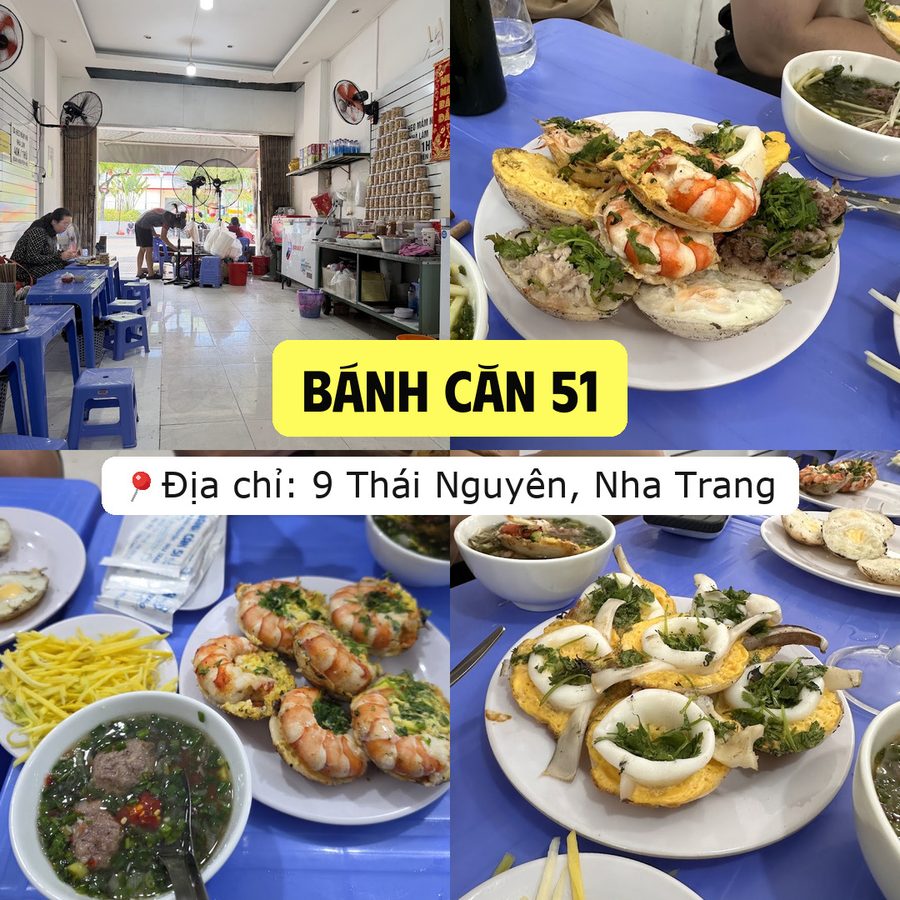 Ảnh ghép quán Bánh căn 51 ở 9 Thái Nguyên, Nha Trang: bên trong quán và các đĩa bánh căn tôm, bánh căn mực