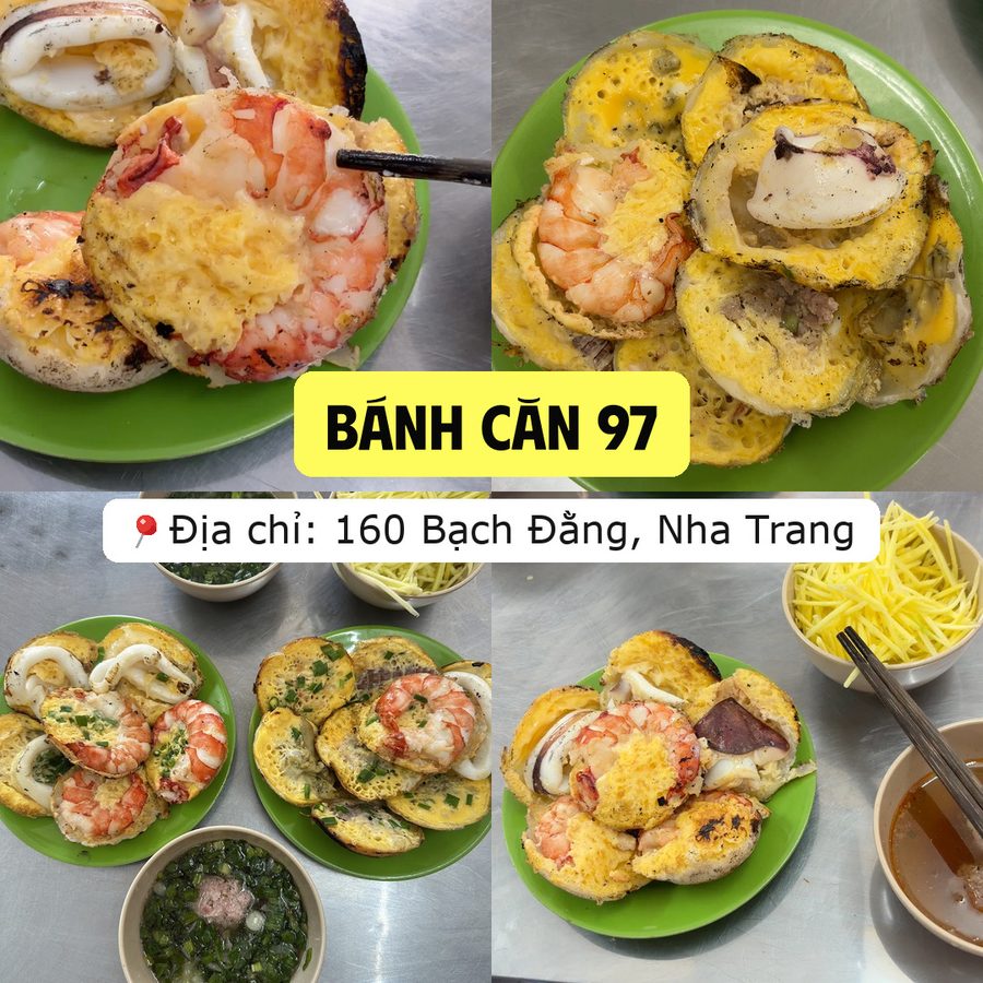 Ảnh ghép quán Bánh căn 97 ở 160 Bạch Đằng, Nha Trang: các đĩa bánh căn tôm, mực và chén nước chấm
