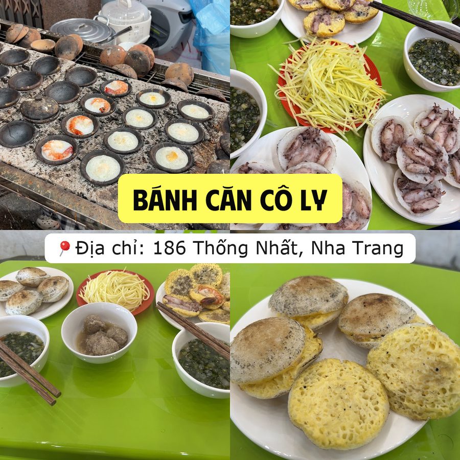 Ảnh ghép quán Bánh căn Cô Ly ở 186 Thống Nhất, Nha Trang: khuôn bánh căn trên bếp và các đĩa bánh căn mực, trứng ăn kèm xoài bào
