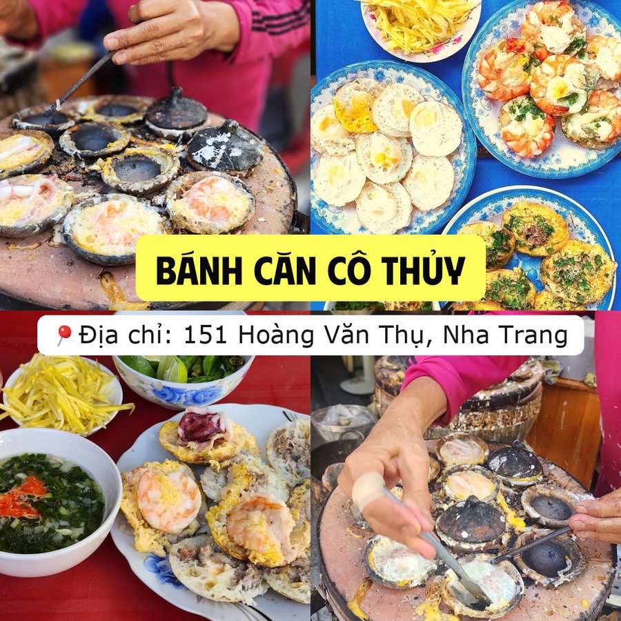 Ảnh ghép quán Bánh căn Cô Thủy ở 151 Hoàng Văn Thụ, Nha Trang: đổ bánh căn trên khuôn đất nung và đĩa bánh căn ăn kèm xoài bào