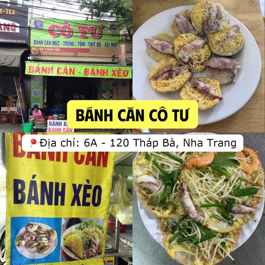 Ảnh ghép quán Bánh căn Cô Tư ở 6A - 120 Tháp Bà, Nha Trang: bảng hiệu bánh căn bánh xèo và đĩa bánh căn mực ăn kèm xoài bào
