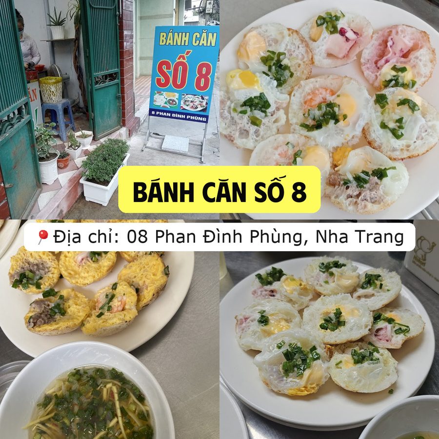 Ảnh ghép quán Bánh căn Số 8 ở 08 Phan Đình Phùng, Nha Trang: bảng hiệu trước quán và các đĩa bánh căn trứng rắc hành lá