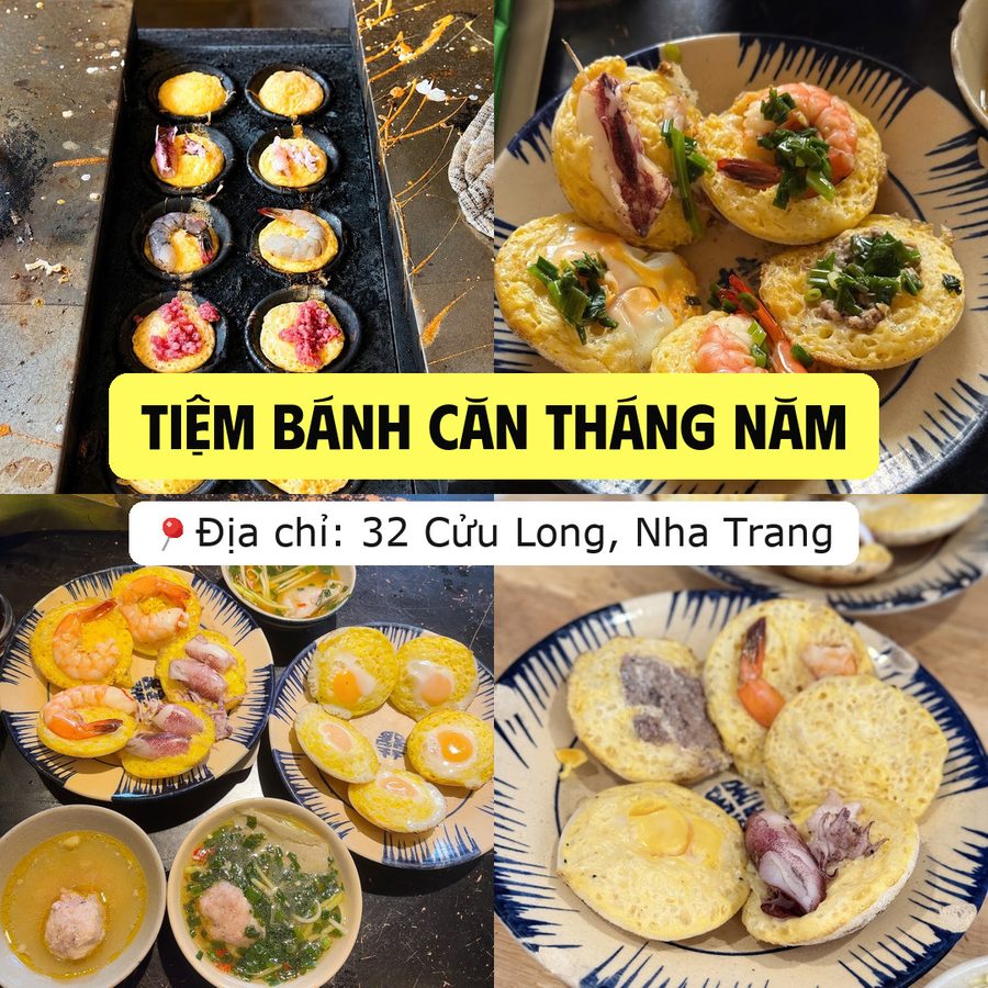 Ảnh ghép Tiệm Bánh Căn Tháng Năm ở 32 Cửu Long, Nha Trang: khuôn bánh căn đang nướng và các đĩa bánh căn tôm, mực, trứng