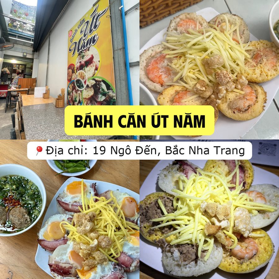 Ảnh ghép quán Bánh căn Út Năm ở 19 Ngô Đến, Bắc Nha Trang: mặt tiền quán và đĩa bánh căn trứng ăn kèm xoài bào