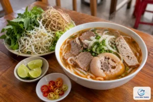 Tô bún bò Huế với thịt bò, giò heo, chả Huế, kèm đĩa rau sống, chanh và ớt trên bàn gỗ quán ăn sáng, ảnh minh hoạ