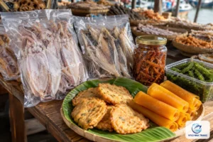 Mực khô, cá khô đóng túi hút chân không, hũ mực rim, chả cá chiên, bánh tráng xoài cuộn và hộp rong nho bày trên bàn gỗ sạp chợ, ảnh minh hoạ