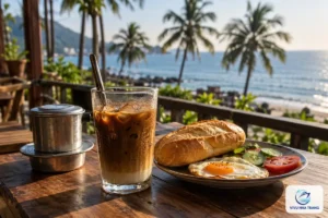 Ly cà phê sữa đá, phin cà phê và đĩa bánh mì trứng ốp la trên bàn gỗ ở hiên quán nhìn ra biển, ảnh minh hoạ